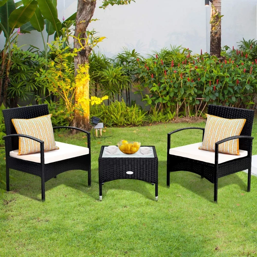 

3 PCS Patio Wicker Rattan Furniture Set, Rattan Chair with Coffee Table, High Load Bearing Chair Conversation Sets, Customized