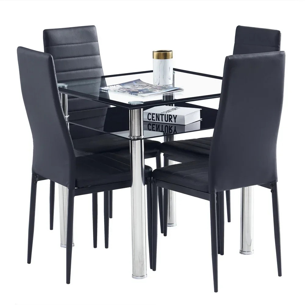 Dining Table Chairs Set Include 1 2-Layer Square Tempered Glass Dining Table + 4 Elegant High Backrest Dining Chairs Black