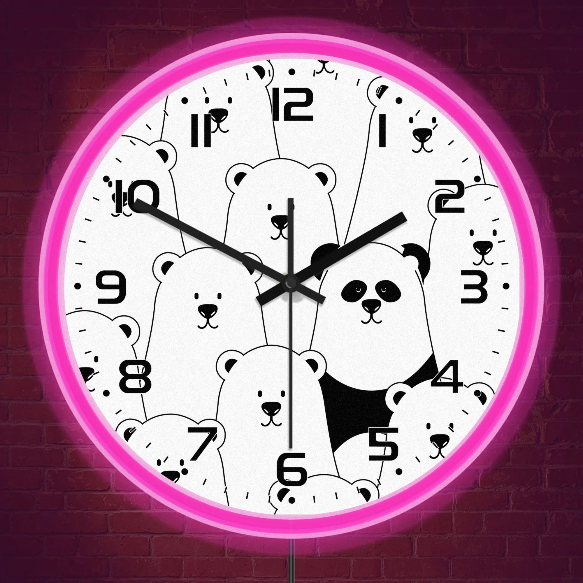 Black White Panda Polar Bear Illuminated Wall Clock Neon Rim Night Light for Nursery Kids Room Vet Clinic LED Sign Glow in Dark