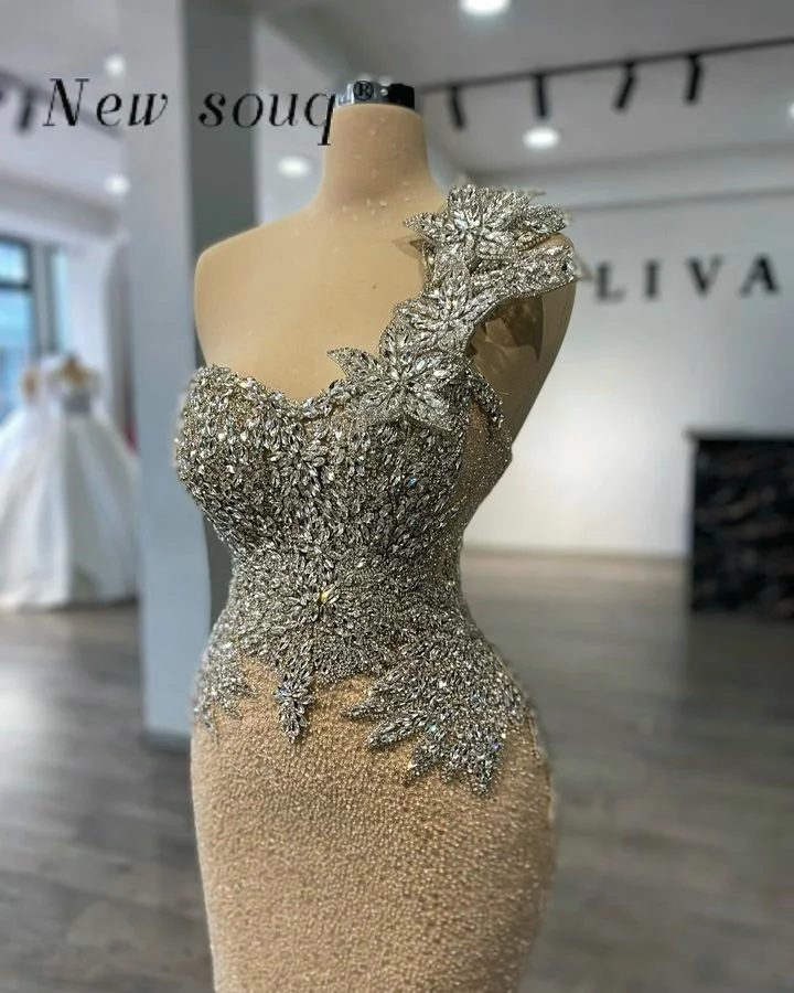 Elegant Champagne One Shoulder Long Bead Mermaid Evening Dresses with Sparkle Crystals Formal Party Gowns Customized