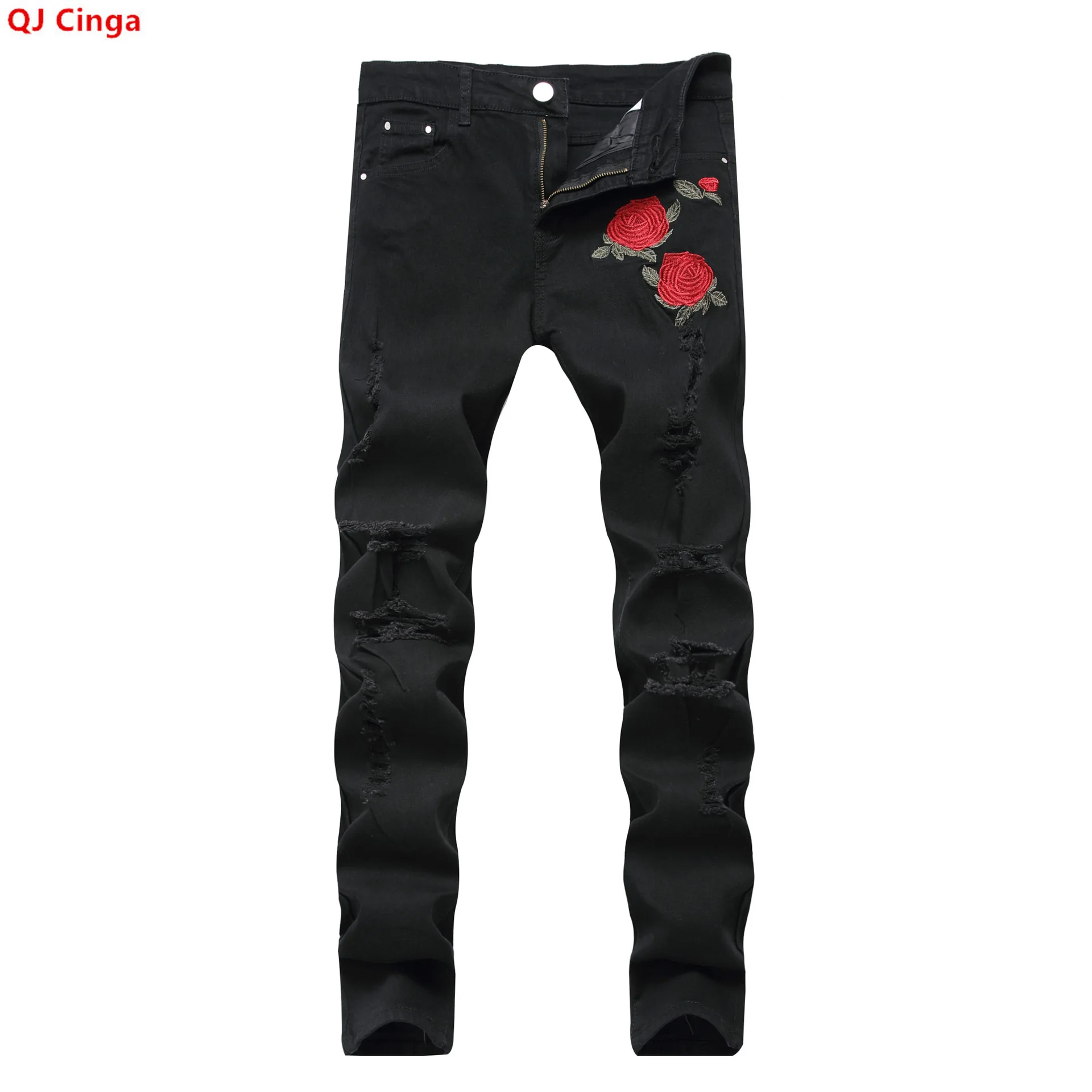 Men's Black Stretch Jeans for Fall, Denim Pants with Ripped and Embroidered Details, Asian Sizes, Spring Casual Trousers.