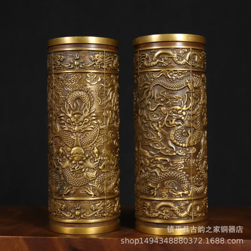 Pure Copper Double Incense Brass Pattern Pen Holder Ornament Nine Dragon Hundred Blessings Cup Office Livin