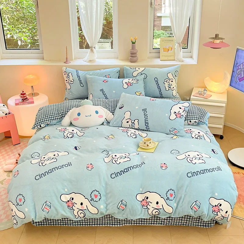 Imagem -03 - Sanrio Genuine Inverno Leite Veludo Conjunto de Cama Hellokitty Kuromi Melodia Cinnamoroll Rei Rainha Fronha Roupa de Cama Têxtil Doméstico