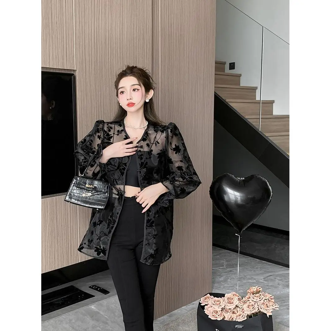 Summer Woman Clothes Thin Flare Sleeve Shirt Chinese Style Buttons Sunscreen V-neck Sexy Elegant Perspective Nightclub Fashion