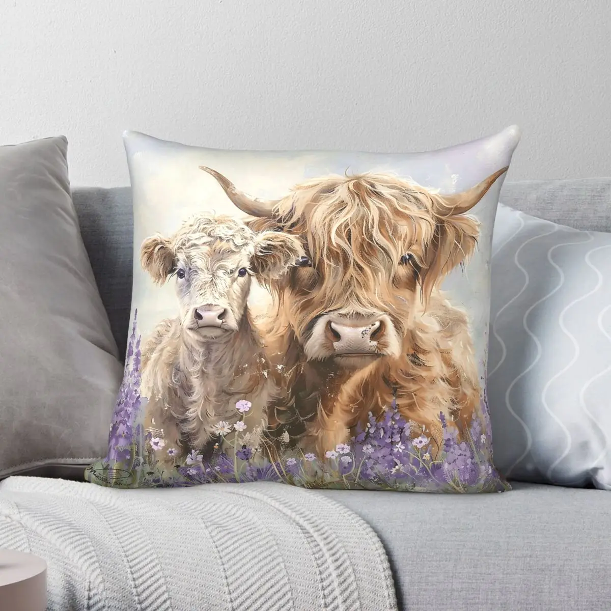 Funda de almohada decorativa con diseño de vaca de las Tierras Altas y ternero, de poliéster, lino y terciopelo, para cojín de habitación, venta al por mayor, 18 pulgadas