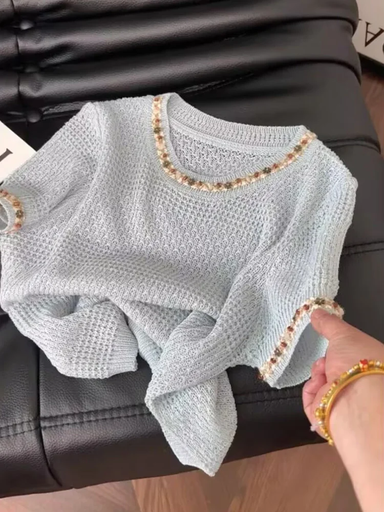 Faionable round Ne ort Sve Knitted Sweater Women's Sli Versatile Heavy Embroidery Casual Commute Korean Sle