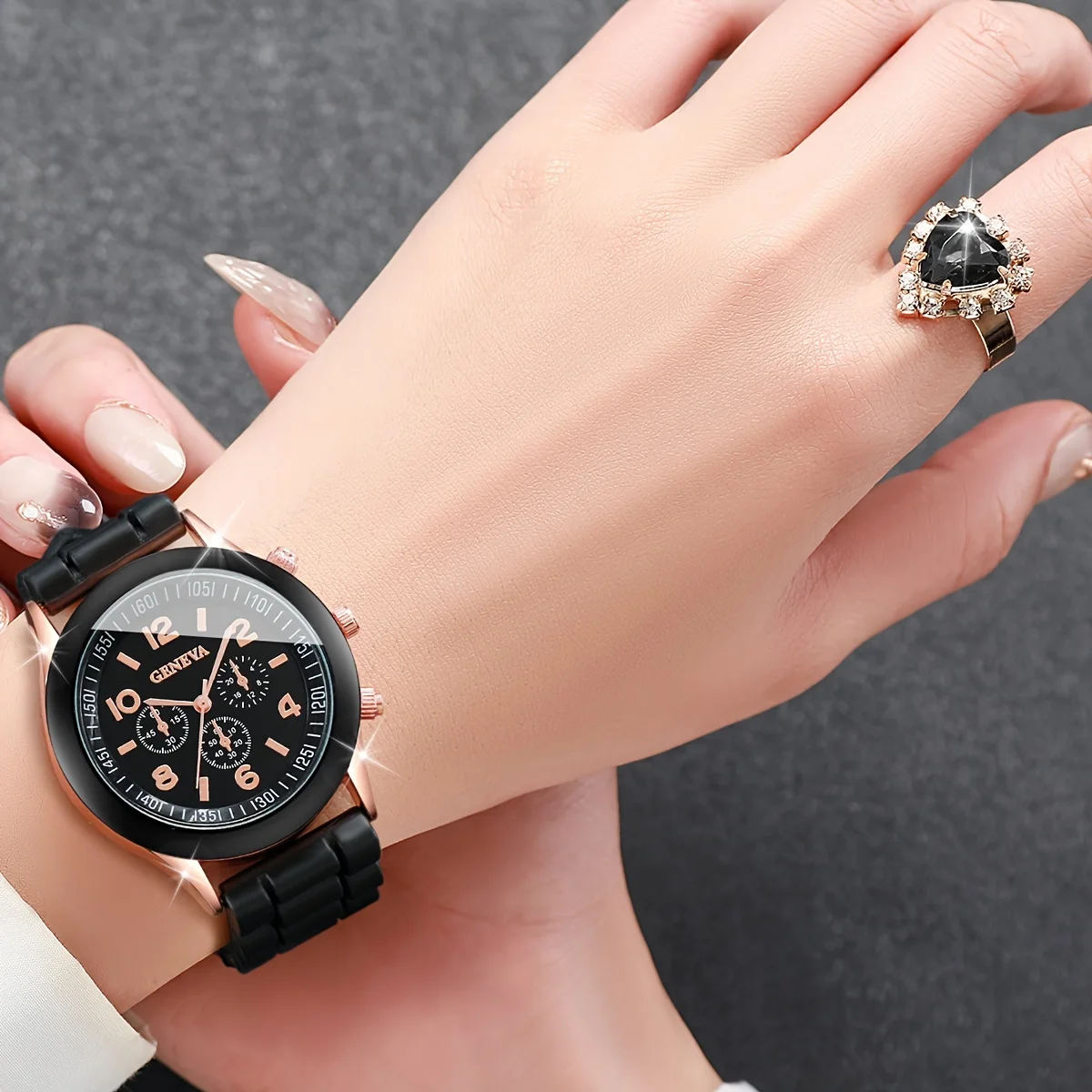 여성용 캐주얼 패션 쿼츠 시계 실리콘 밴드 손목 시계 및 합성 보석 세트, 발렌타인 데이 선물, 세트당 5 개