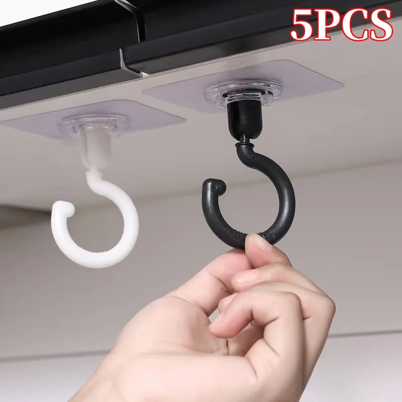 1-5pcs Self-Adhesive Hooks 360° Swivel Wall Ceiling Extra Strong Transparent Hanger Organizer Large Towel Hooks Bathroom Kitchen