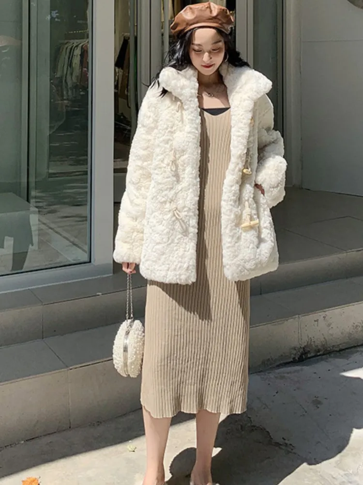 Autumn Winter Lamb Cashmere Coat Horn Buttons Stand Collar Thick Warm Long Sleeve Furry Outwear Lady Elegant White Jacket