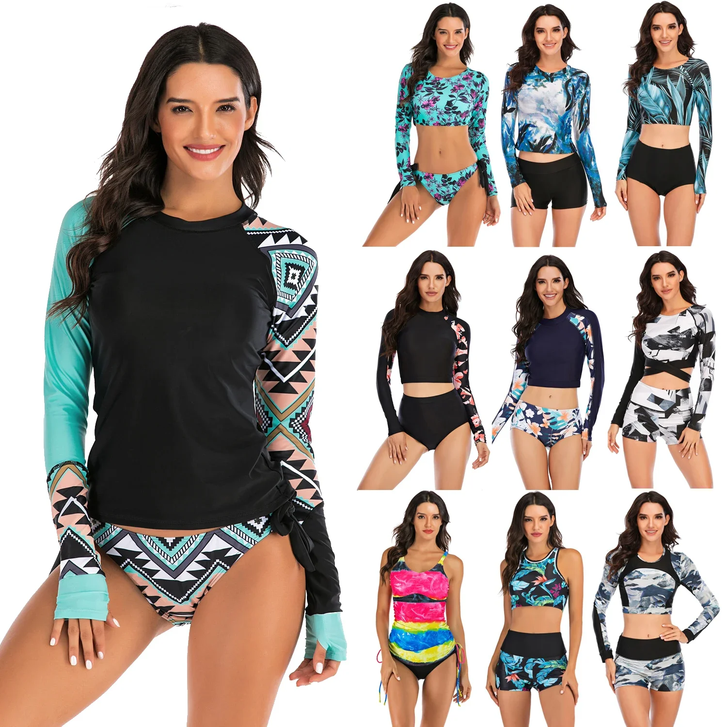 

Rashguard Set Long Sleeve Zipper Surf Rash Guard Custom Women Two Piece Swimsuit Rashguard