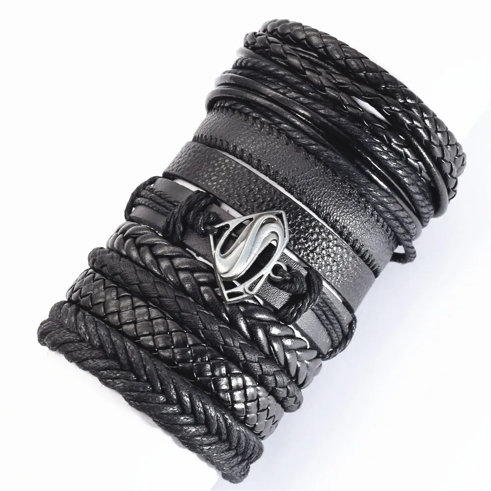 10 Teile/satz Schwarz Wrap Woven Neue Mode Handgemachte Männer Armbänder Männlichen Frauen Leder Armbänder Männer Armreif Großhandel Schmuck Geschenk