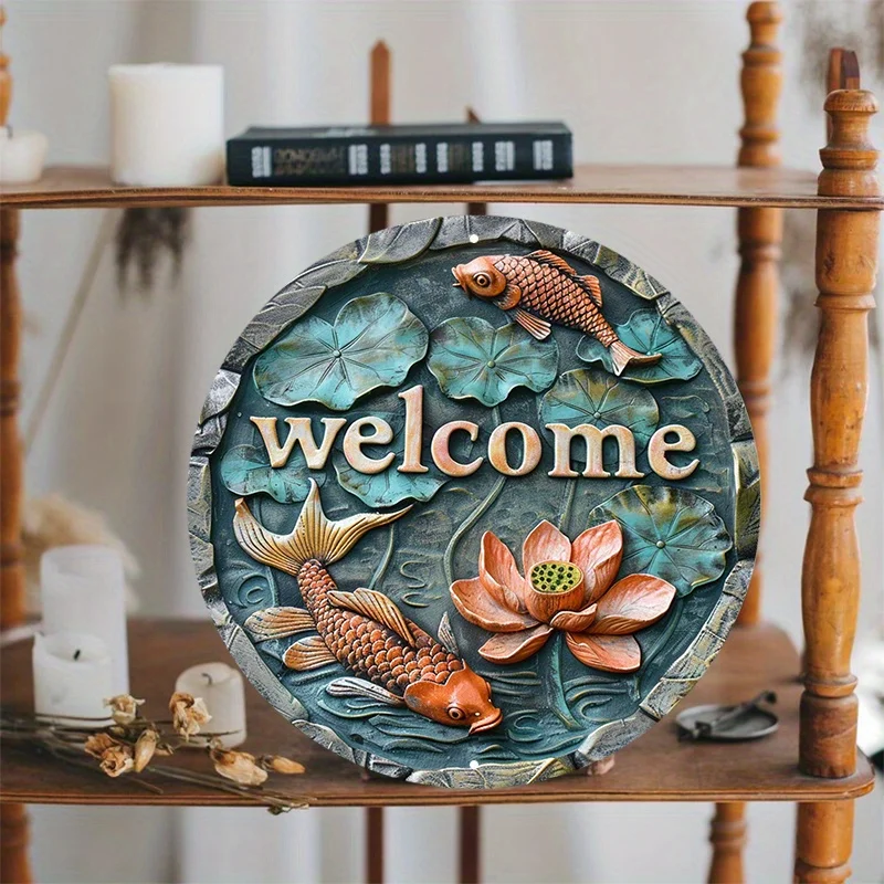 Welcome Goldfish and Lotus Pond Aluminum Metal Door Sign, Weather-Resistant, Pre-Drilled Round Wall Decor, 8x8in