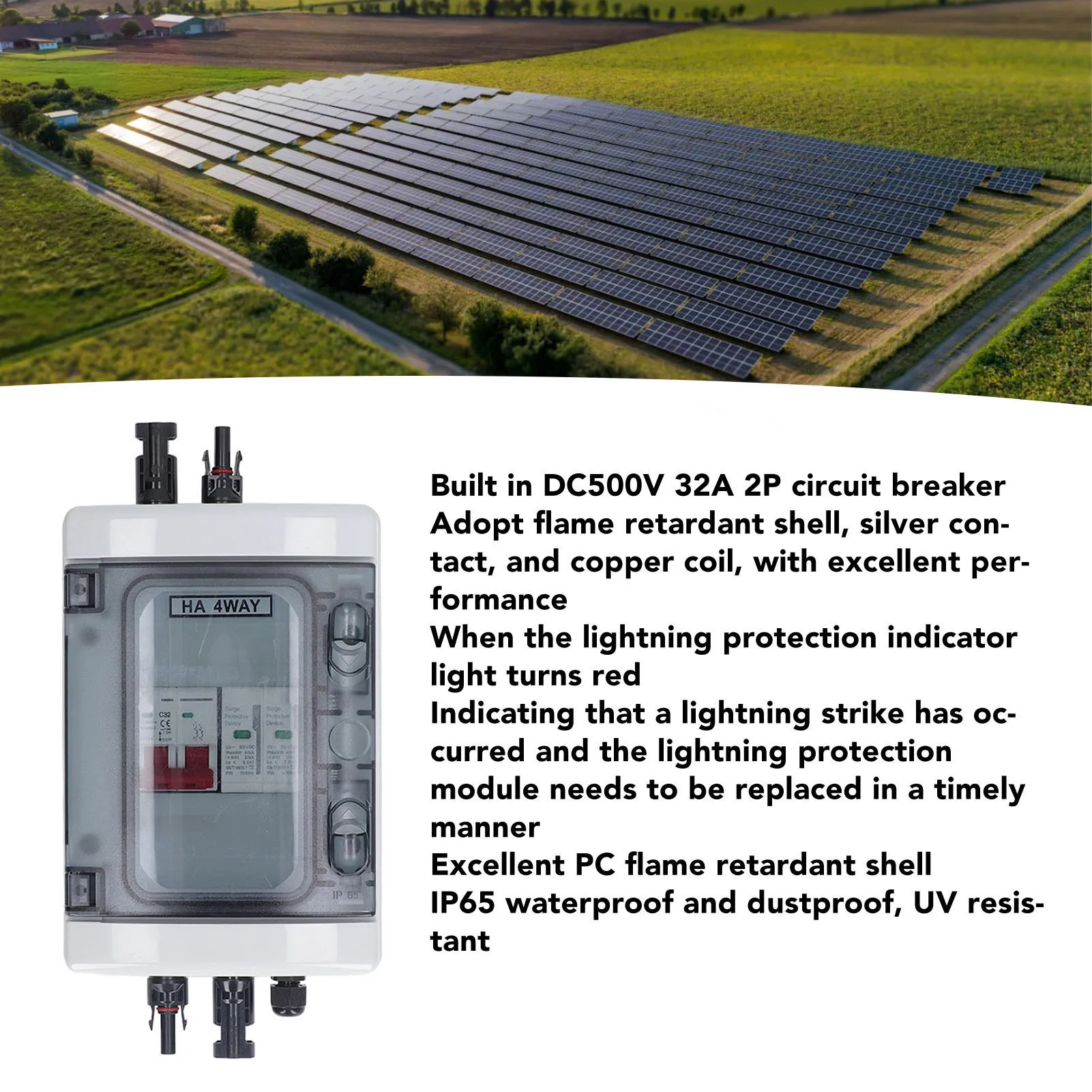 PV Combiner Box PV Solar Surge Protector IP65 Waterproof Solar Photovoltaic Combiner Box with DC500V 32A Circuit Breaker Surge P