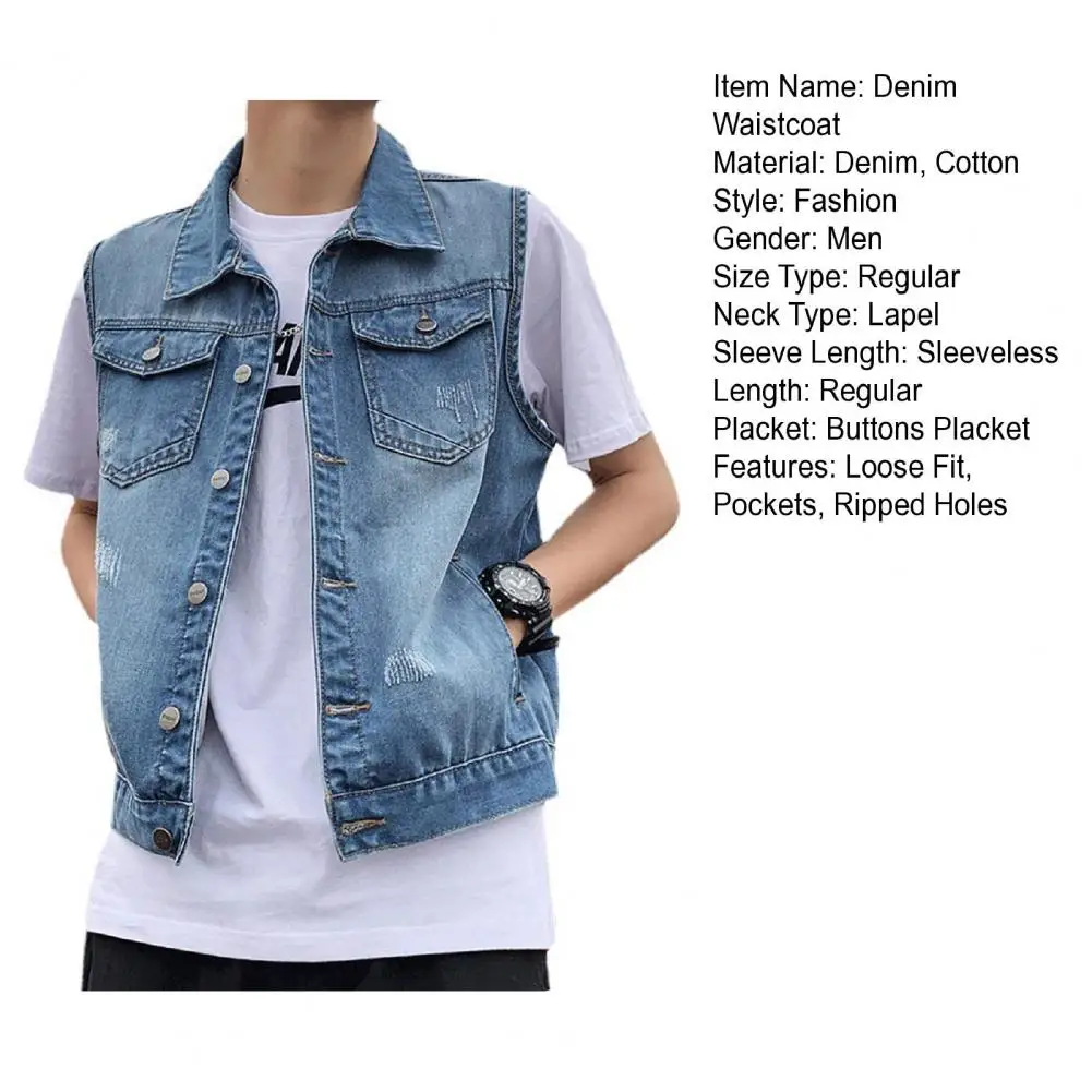 Men Lapel Sleeveless Cowboy Denim Jeans Vest Jacket Coats Blue Ripped Holes Pockets Single Breasted Loose Male Casual Waistcoat