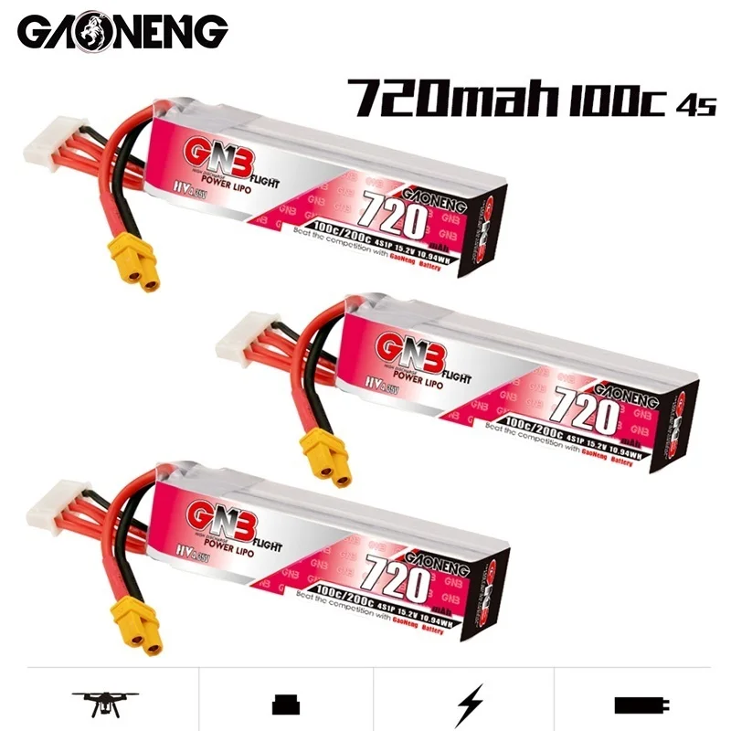 バッテリーGAONENG-GNB個セット,720mAh, 4s,15.2v,hv,XT30U-Fプラグ,100c,200c,rc用,tinwhoop,fpvフレームキット,レーシングドローン用