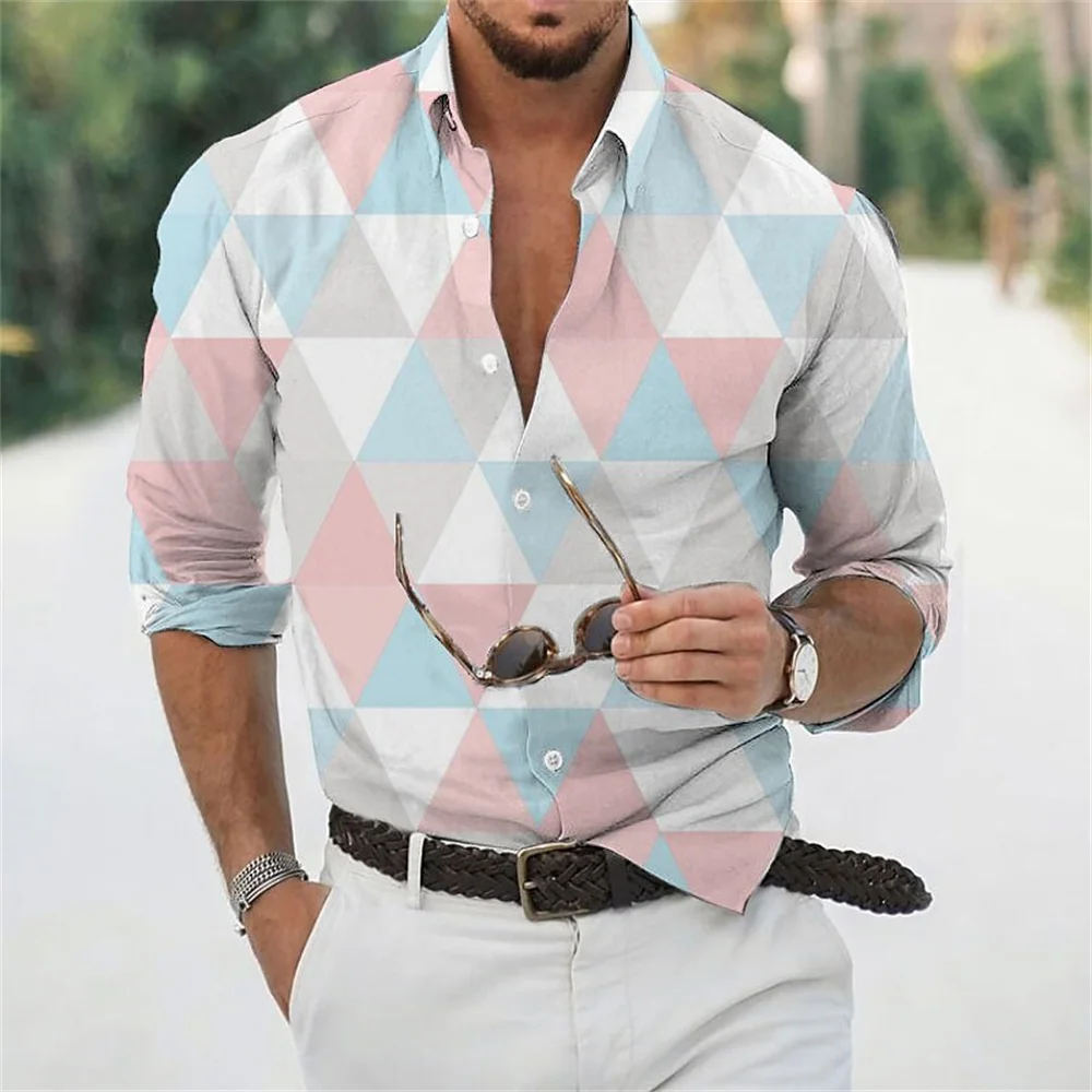 Men's shirt graphic print geometric rhombus blush pink pool outdoor street button clothing tropical fashion design