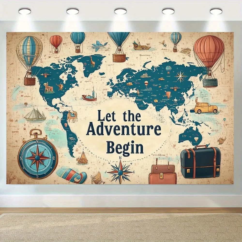 World Map Adventure Compass Airplane Travel Theme Banner Background, Christmas Party, Home Decoration Photography Backdrop Cloth