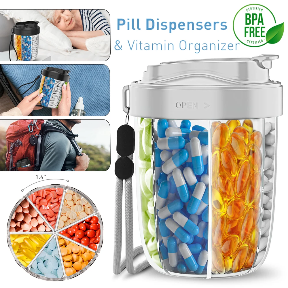 

Weekly/Monthly Pill Organizer Pill Cup Travel Pill Box Holding 7 Various Vitamins 7 Grids with Large Opening Design Easy Filling
