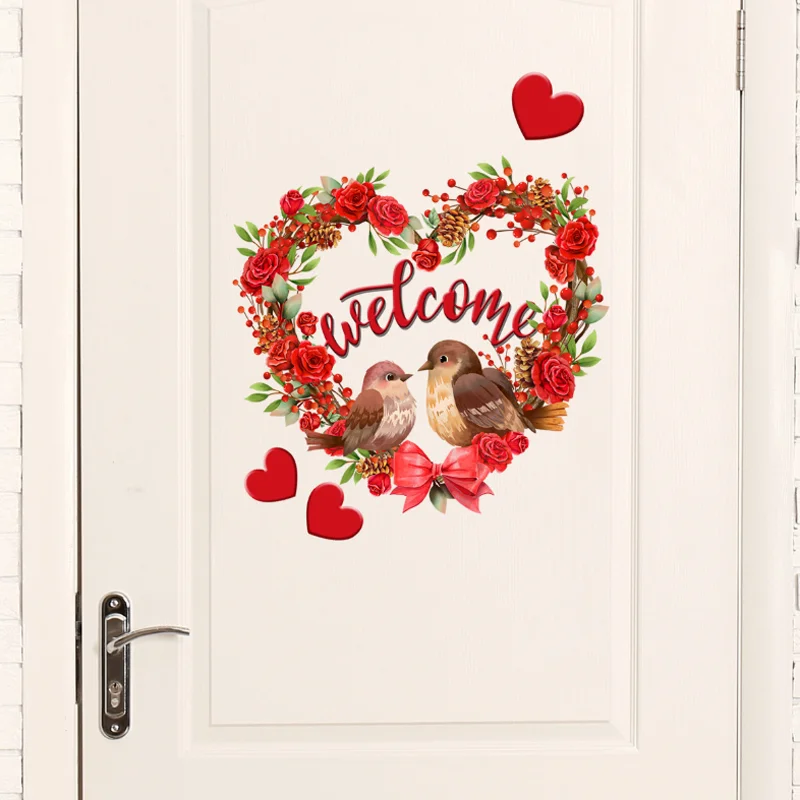 Valentine's Day Red Rose Heart Flower Wreath Bird Decoration Window Door Sticker Living Room Bedroom Background Wall Sticker