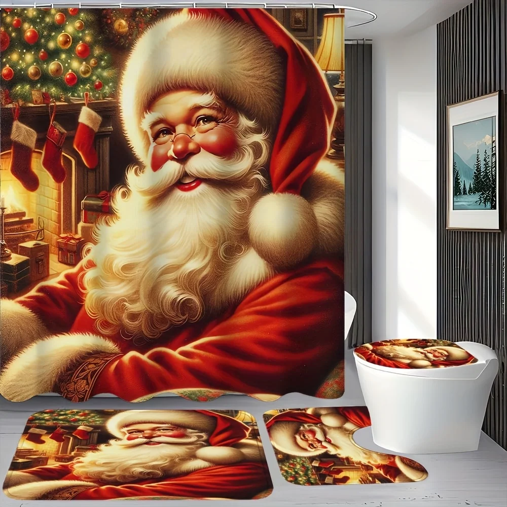4pc Santa Shower Curtain Set, Christmas Bathroom Decor, Xmas Gift, 12 Hooks Included