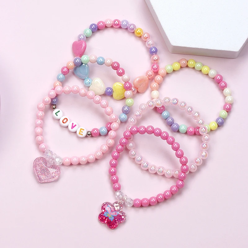 6Pcs/Set Colorful Acrylic Beaded Bracelet Party Bracelets Heart Candy Color Beads Children Beads Bracelets Set For Girls Gift