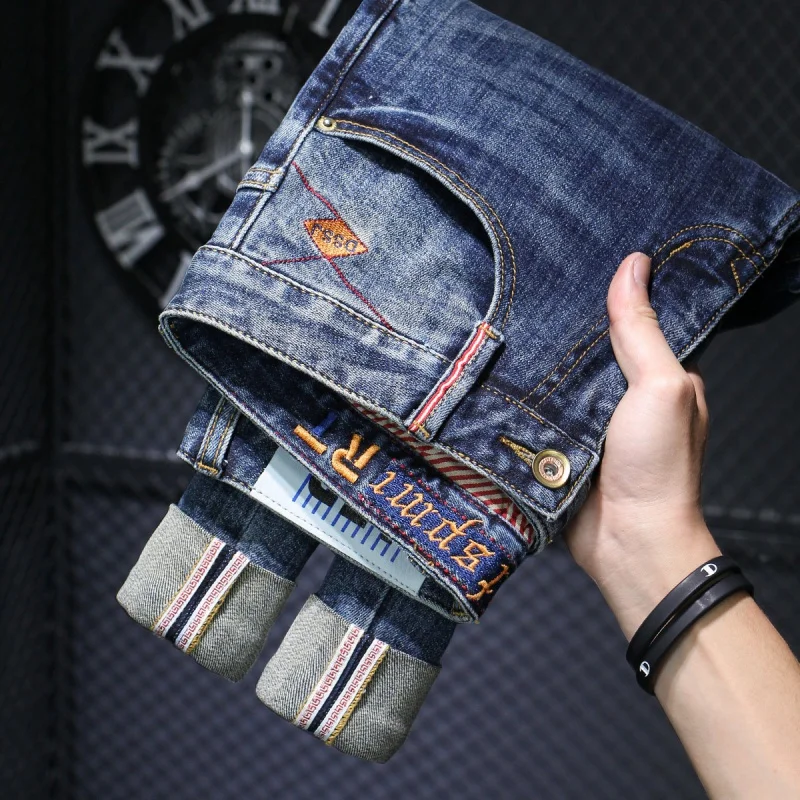 Slim-Fitting Small Straight Jeans Men's 2024 Spring and Autumn Retro Washed Dark Blue Simple Durable All-Match Stretch Trousers