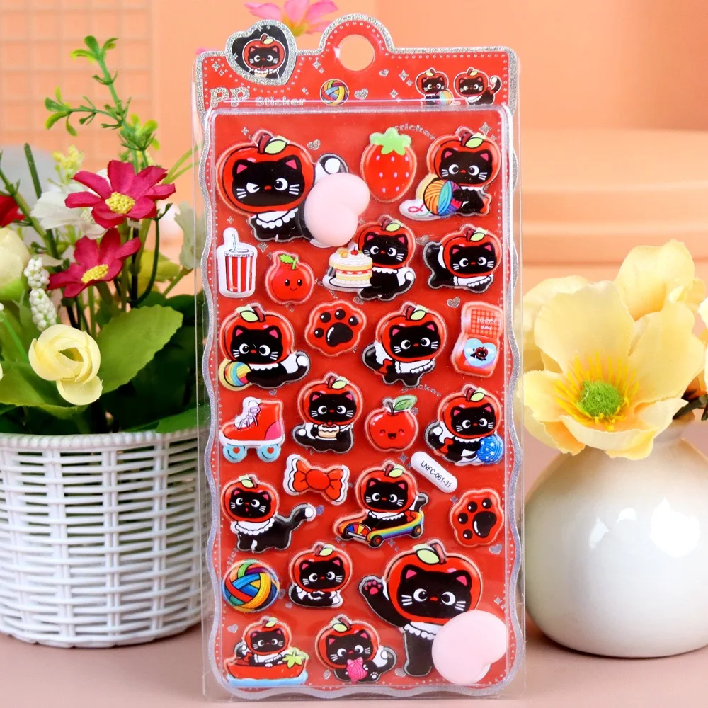 

Cartoon 3D Bubble Stickers - Black Apple Cat PP Stickers, Decompression Decor for Phones, Journals & Gift Wrapping