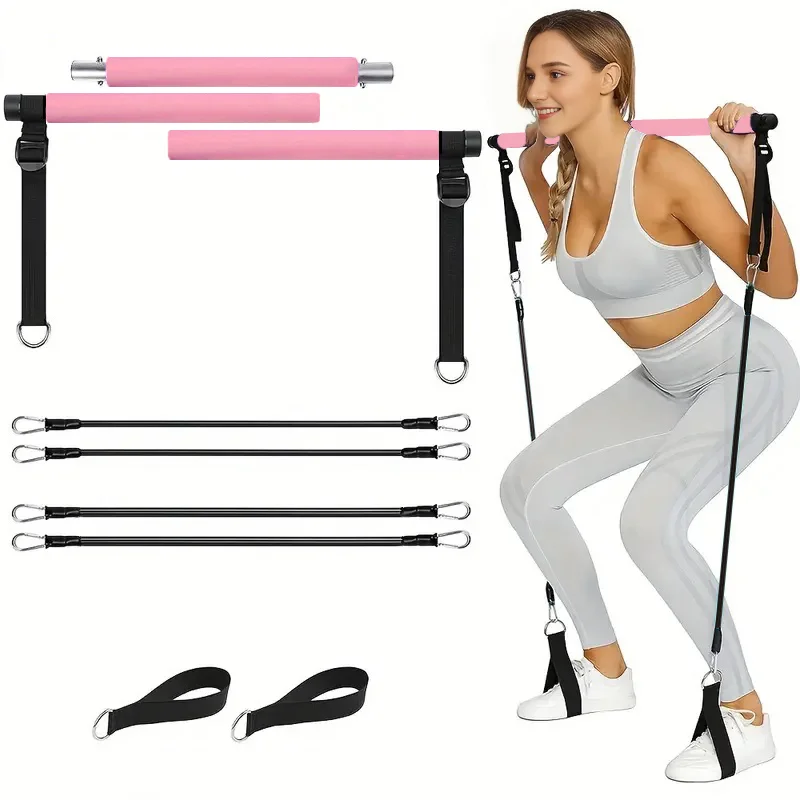 Kit de Pilates Bar com bandas de resistência, 3 seções Pilates Bar, Bandas empilháveis, Equipamento de treino para pernas, quadril, cintura e braço, ex