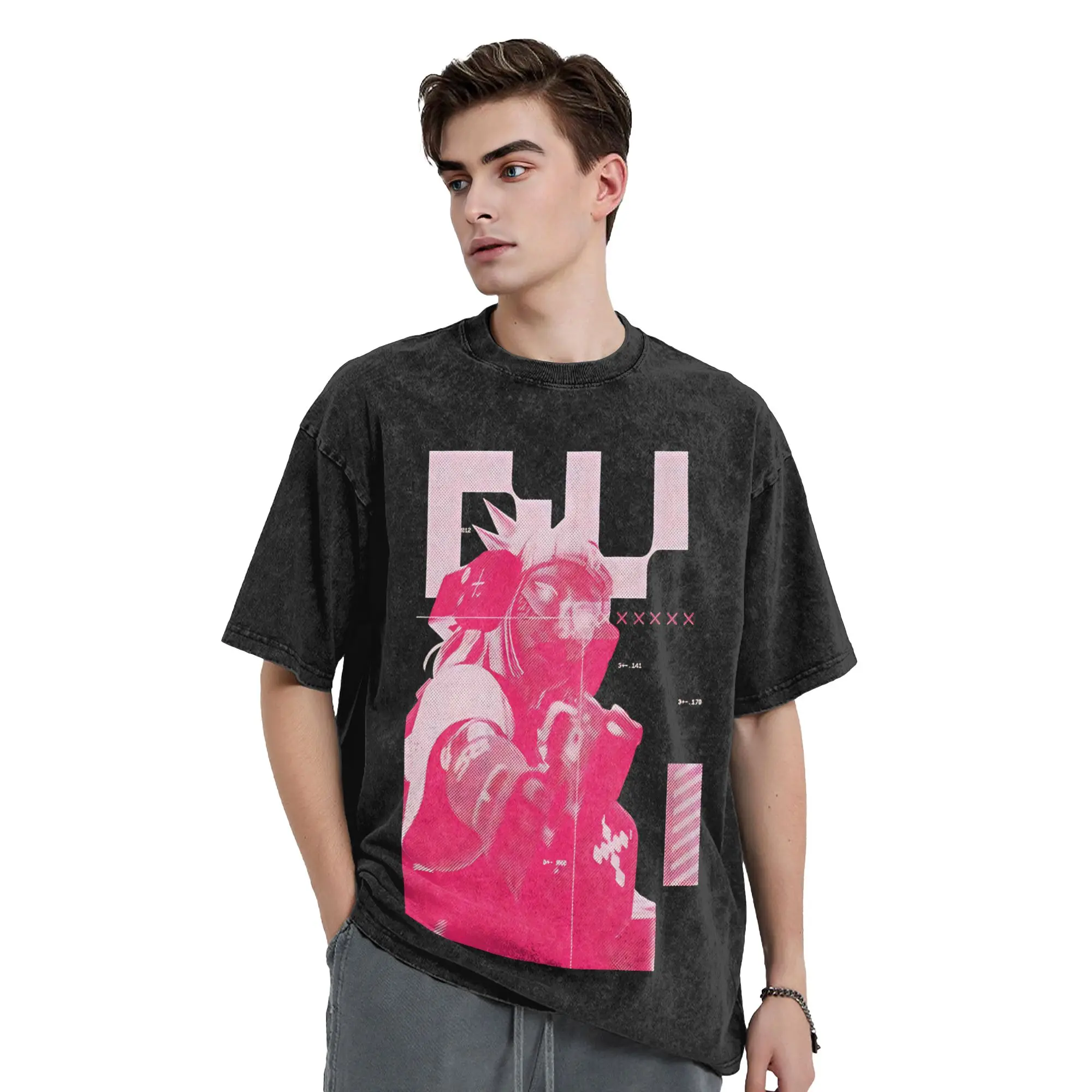 Marathon Game  Vintage Washed T Shirt Men Cotton Clothes Casual Glitch Neon Pink Glitch Sci-Fi  Round Neck Short Sleeve