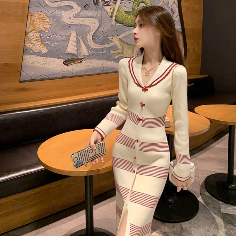 

Осеннее новое модное полосатое трикотажное платье с воротником с лацканами и длинными рукавами, женское облегающее эластичное длинное платье с запахом бедра