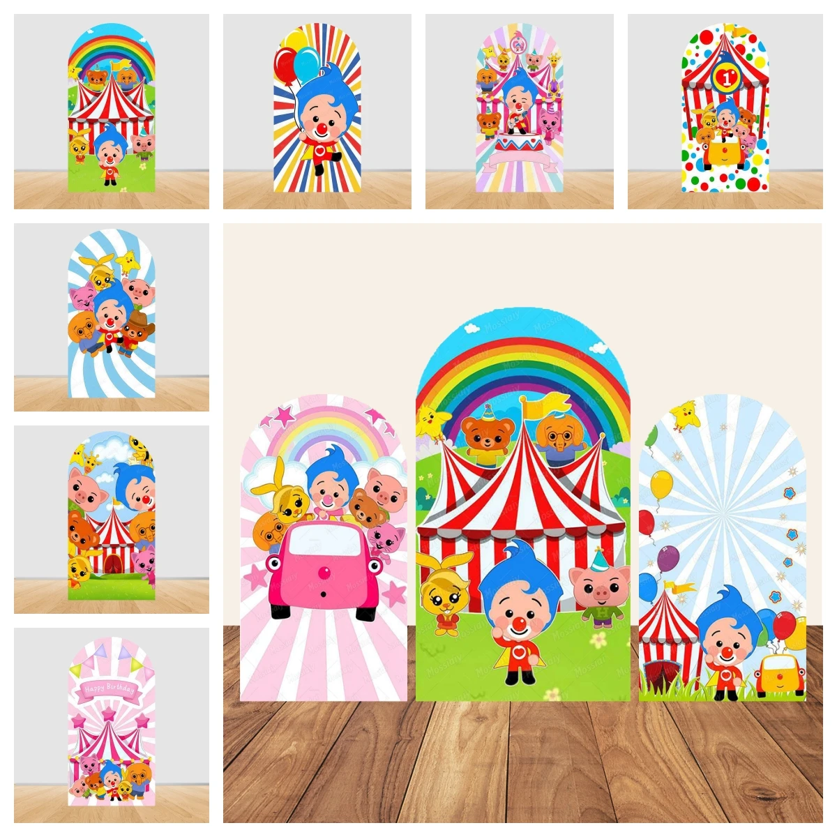 Lindo Set de Fondo Fotográfico Arqueado de Plims, Material Elástico, Banner para Fiesta de Cumpleaños Infantil, Suministros de Decoración para Fotos de Dibujos Animados