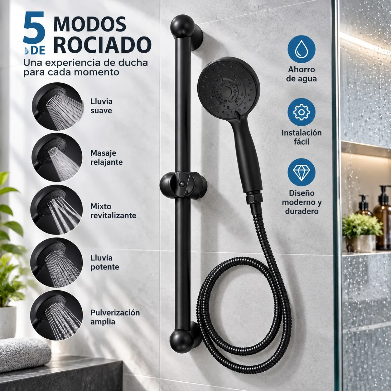 Ensemble de douche noir mat avec barre coulissante en acier inoxydable de 59 cm et pommeau de douche à main avec 5 modes de jet, tuyau flexible de 2 mètres pour la salle de bain et le nettoyage des animaux de compagnie
