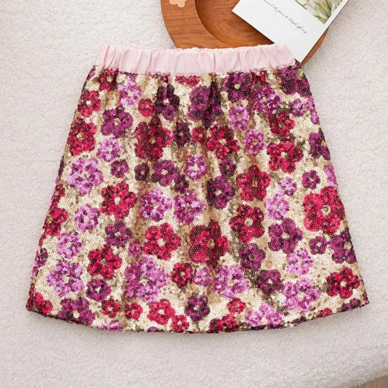2026 Sequin Flower Girls A-Line Skirt Spring Autumn Short Bodycon Skirt Fashion Kids Sparkle Party Skirt Baby Birthday Outfits