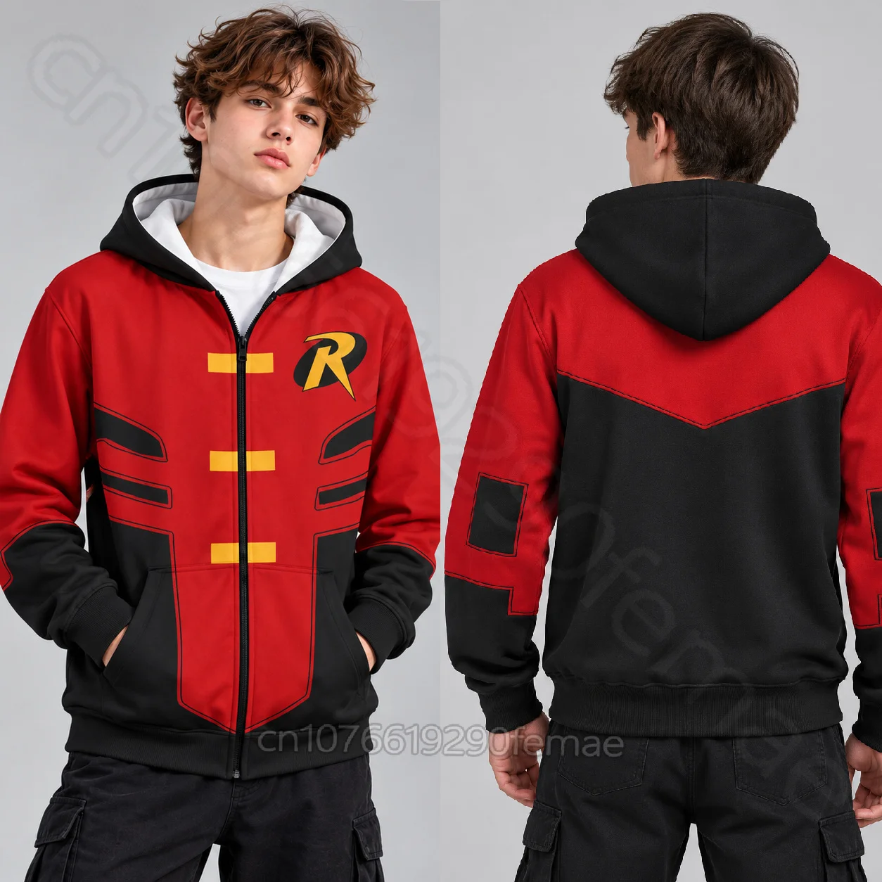 Robin R Logo Kids Zip Up Hoodie, Red and Black Colorblock Cosplay Sweatshirt, Teen Titans Inspired Hooded Jacket