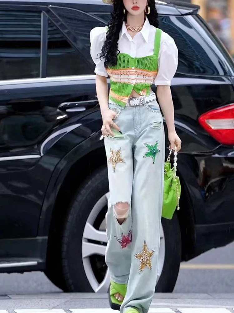 ヘビーエンベリーディアマンテスターズホールデザインレディースジーンズハイウエストルーズスリミングサマーニュースレワイドレッグストレートロングパンツ