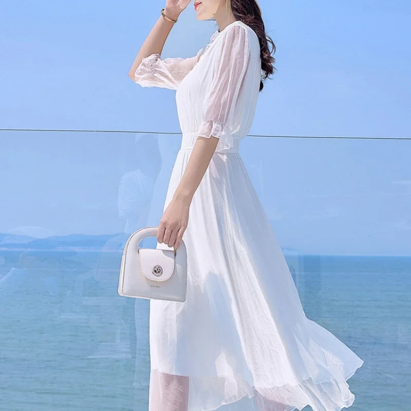 

Real Silk Dress White Fairy Dress Women Clothes V-neck Sexy Beach Holiday Dresses Summer Women Long Dress Zm