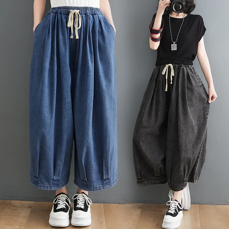 

Элегантные летние женские джинсы больших размеров с широкими штанинами, тонкие, в художественном стиле, с естественной линией талии, новинка моды