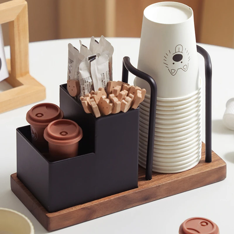 Wood Coffee Station Organizer Paper Cup Holder Coffee Condiment Tea Bags Storage Rack for Home Kitchen Office