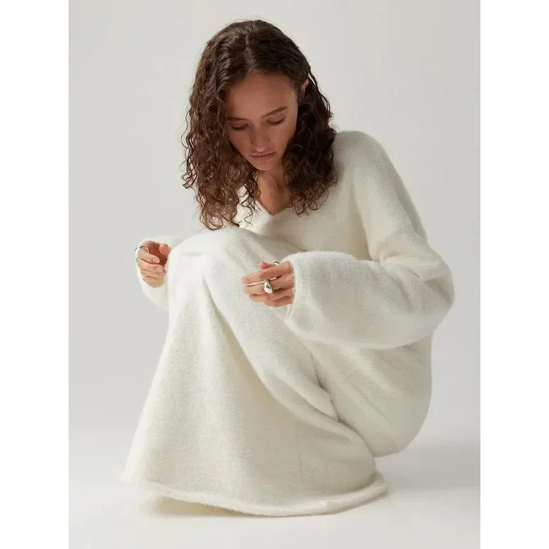 

​​Autumn Winter Thick Women's Knitted High Neck Pullover + Loose Long Skirt Set, 2-Piece Loose Knit Skirt Outfit​