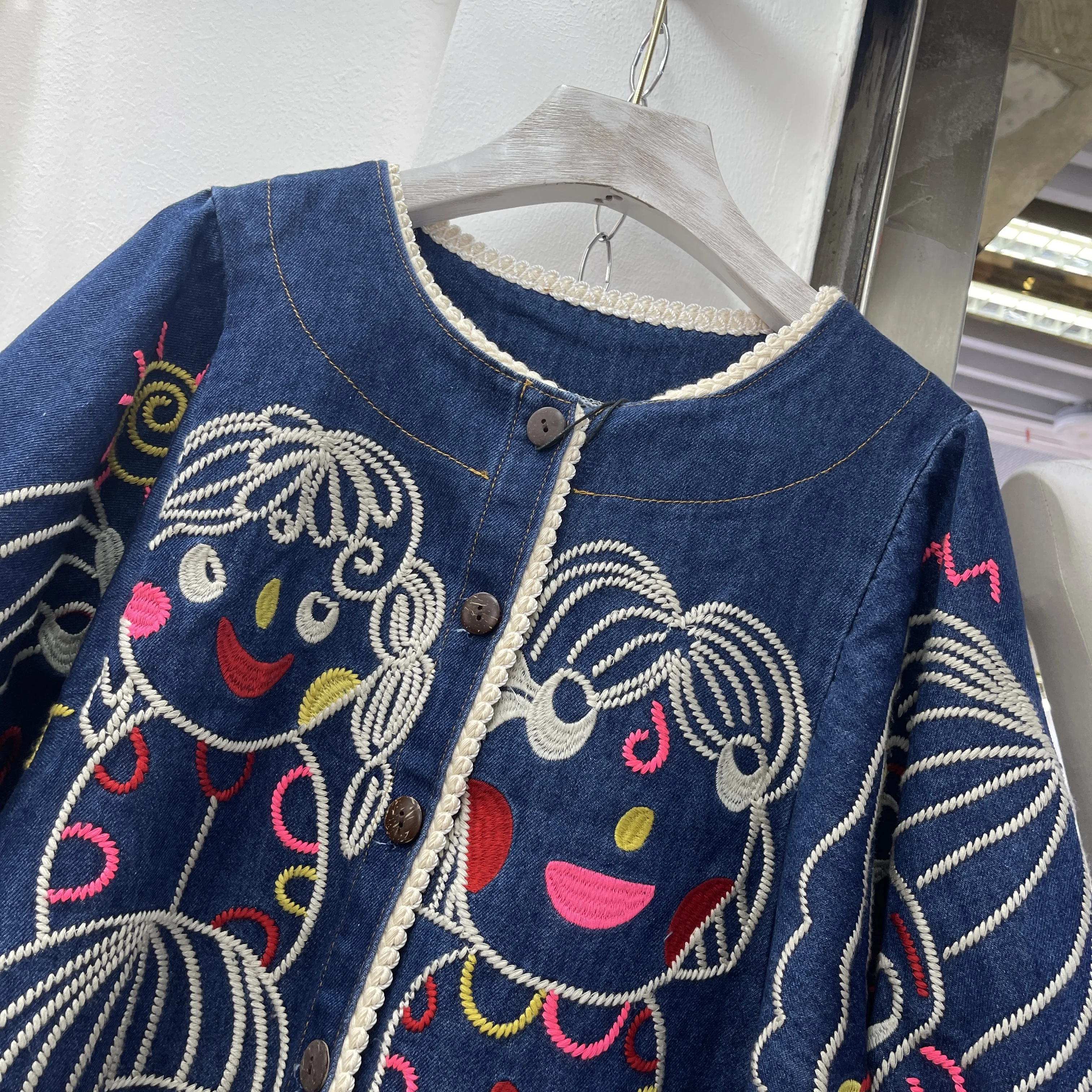 Vintage Childlike Embroidery Heavy Cotton Denim Jacket Short Loose Round Neck Three-Quarter Sleeve Jacket Women Autumn New