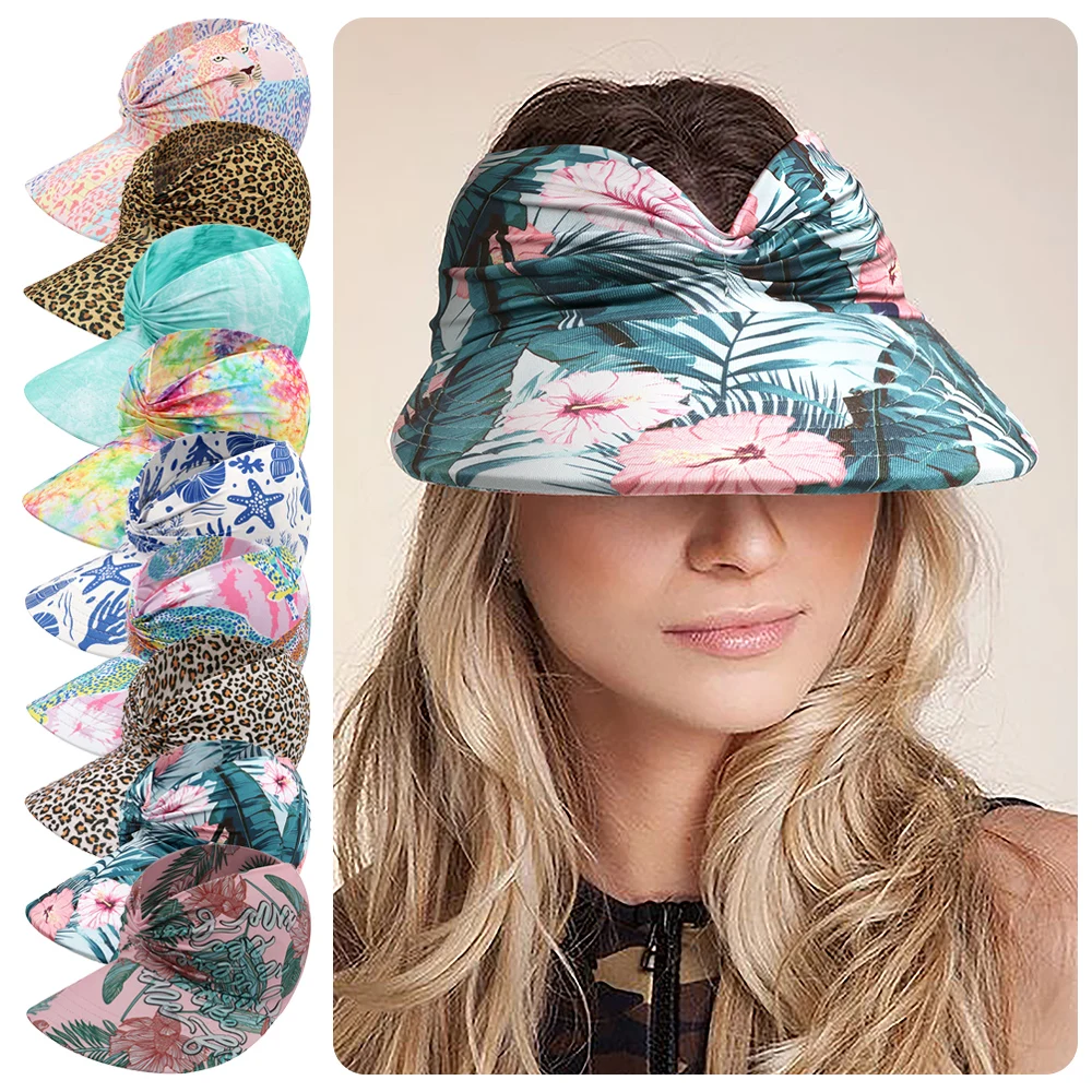 

Anti-UV Summer Visors Hat Flora Printing Empty Top Empty Top Hat Breathable Wide Large Brim Beach Sport Cap for Outdoor Swimming