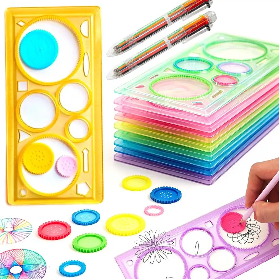 2/4/10pcs Geometric Spirograph Drafting Templates & Ballpoint Pens, Plastic Pattern Drawing Stencil, Art Supply for Sketch XJM