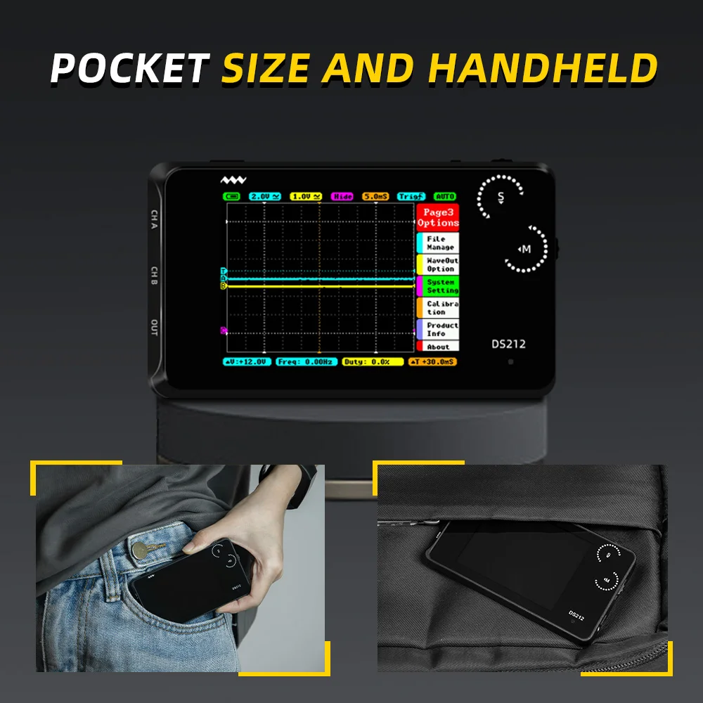 DS212 Portable Digital Oscilloscope 2 Channels 1MHz Bandwidth 10MSa/s Sampling Rate Mini Osciloscopio with Soft Silicone Boot