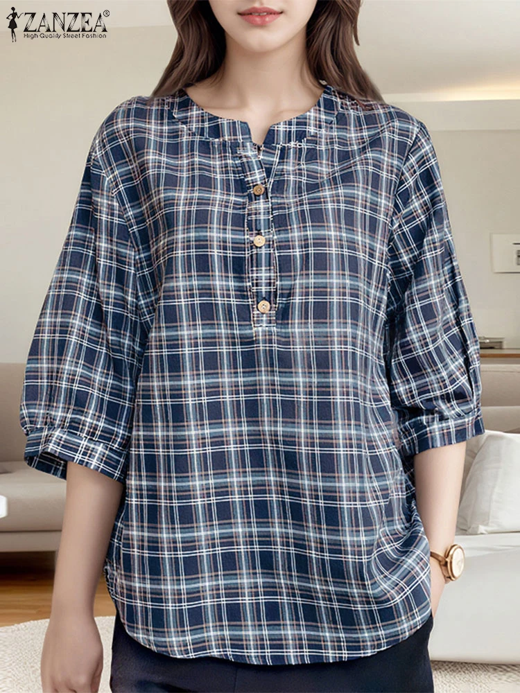 

ZANZEA, женская клетчатая блузка с рукавами 3/4, повседневные свободные блузки, модная туника с круглым вырезом 2525, летние топы, пуловеры на пуговицах