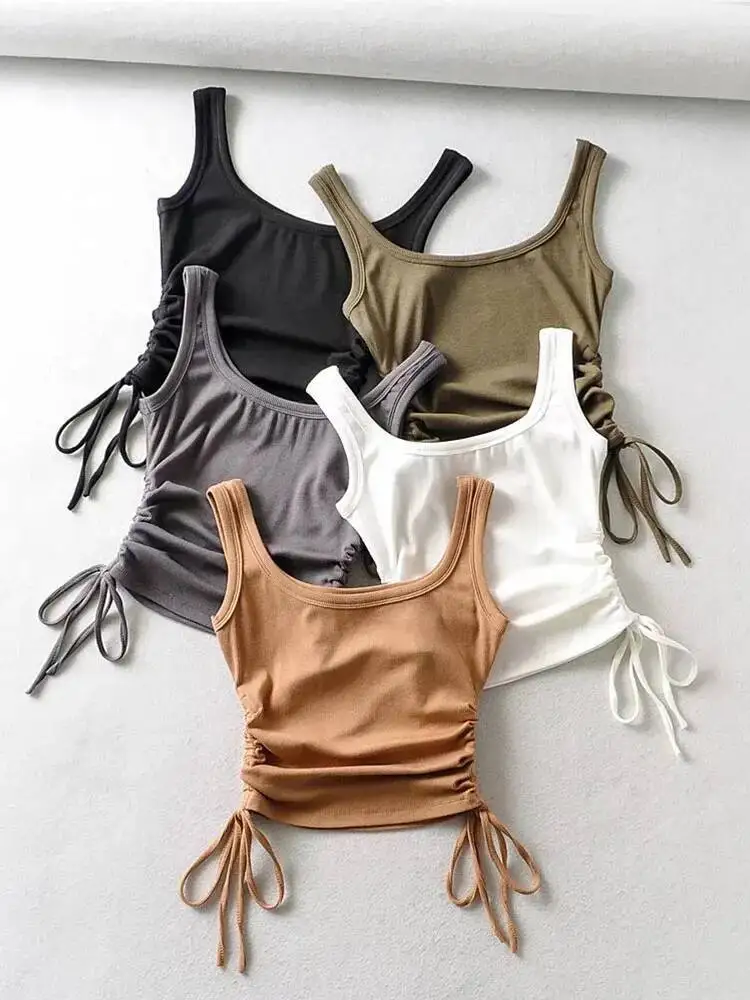 Nova chegada meninas casual cor sólida dois lados cordão colete dobras shirring sexy tank camis