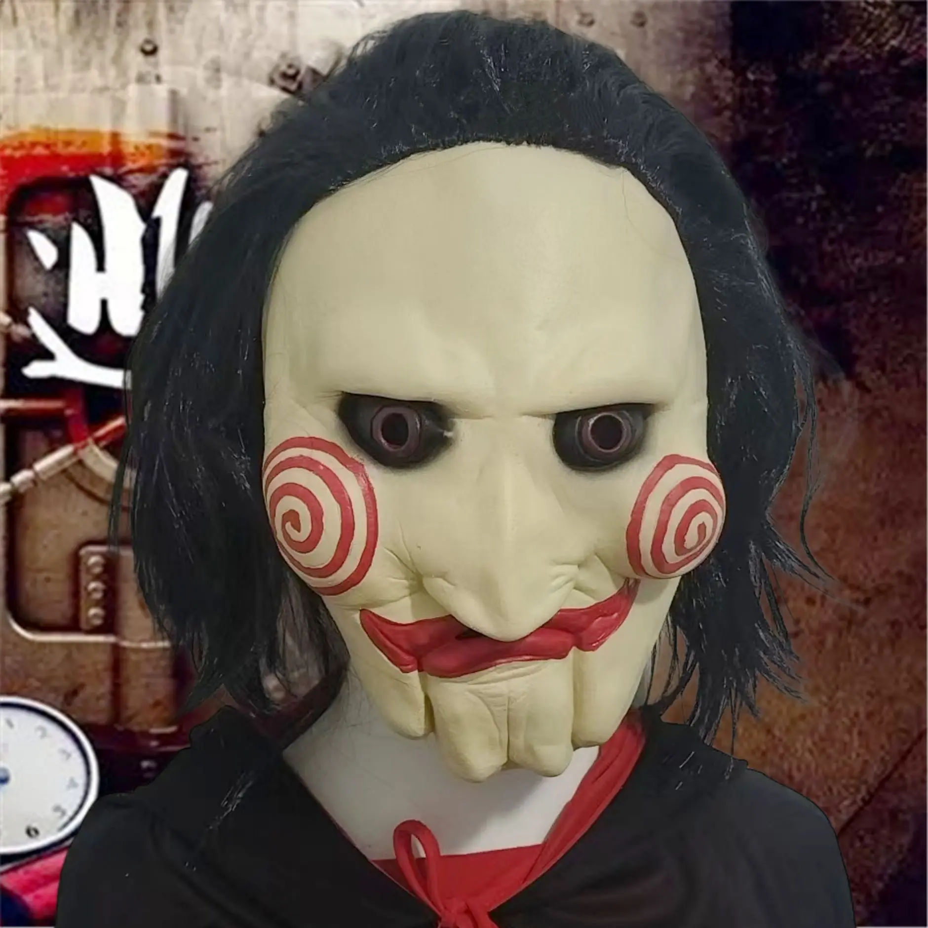 

Movie Saw Chainsaw Massacre Jigsaw Puppet Masks with Wig HairSaw Clown Latex Mask Horror Cosplay Costume Halloween Party Props