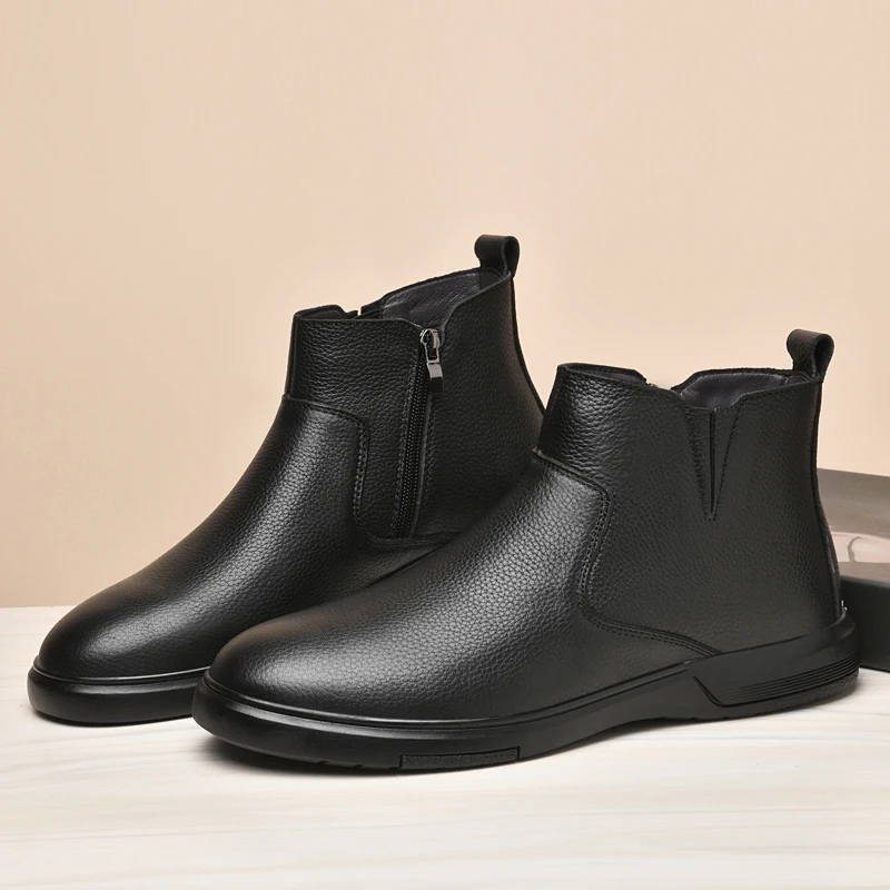 Clássico preto grosso sola negócios casual chelsea botas de fundo plano respirável antiderrapante quente high-end moda botas curtas