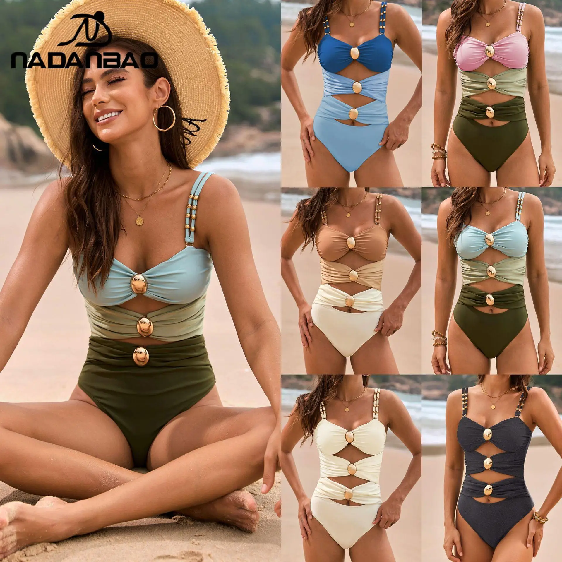 

Nadanbao 3-Color Patchwork One-Piece Swimsuit Metal Buckle Swimwear Women Knotted Silk Satin Skirt Casual Vacation Beach Clothes