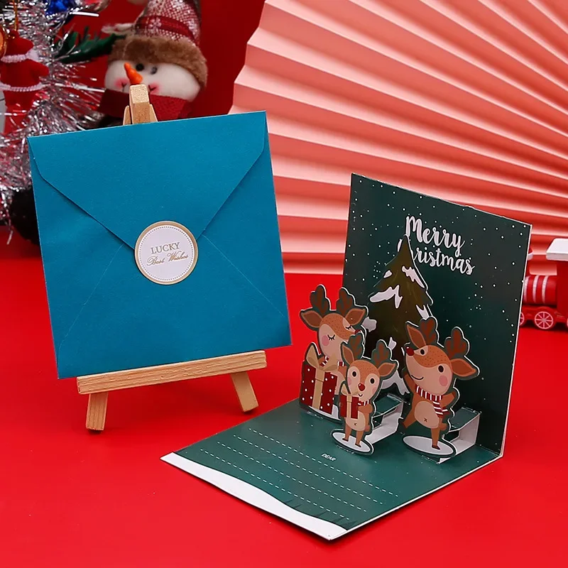 Merry Christmas Cards 3D Pop-up Greeting Cards with Envelope Santa Claus Snowman Laser Cut Xmas Happy New Year Greeting Cards