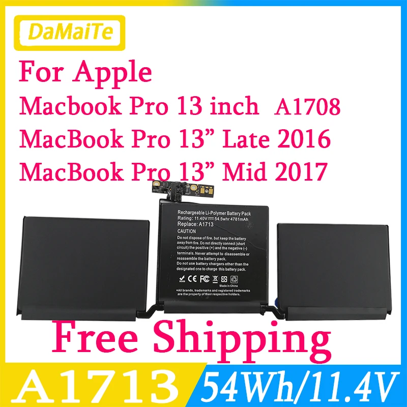 

Аккумулятор для ноутбука MacBook Pro 13 ''A1708 4781-00946 MLUQ2CH/A MLL42CH/A EMC2978 EMC3164, 2016 мАч 2017 Вт/ч A1713 020-